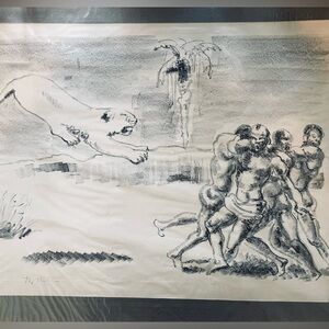 Fritz Behn African Artist Lion & Natives Lithograph Listed Signed Vintage